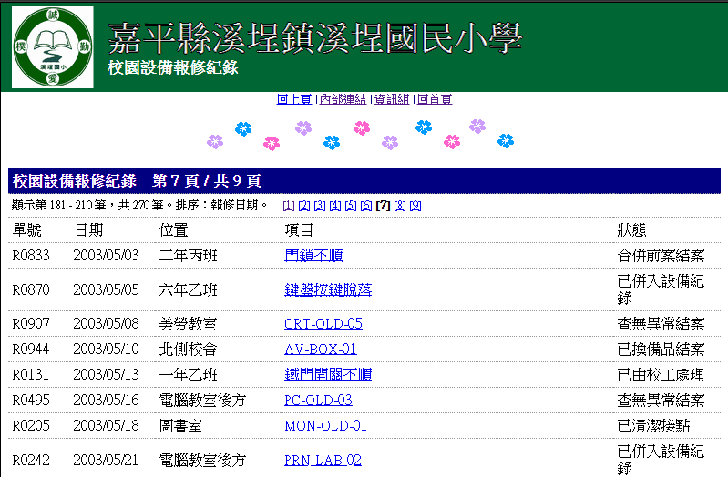 校園設備報修紀錄頁面截圖